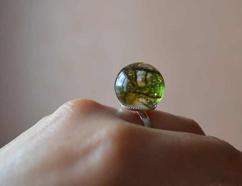 green woodland ring resin, sister gift for friend, terrarium ring natural jewelry real moss forest green ring, nature woodland jewelry women image 5