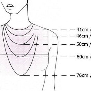 May include: Diagram showing different necklace lengths in inches and centimeters. The lengths are 16 inches (41 cm), 18 inches (46 cm), 20 inches (50 cm), 24 inches (60 cm), and 30 inches (76 cm).