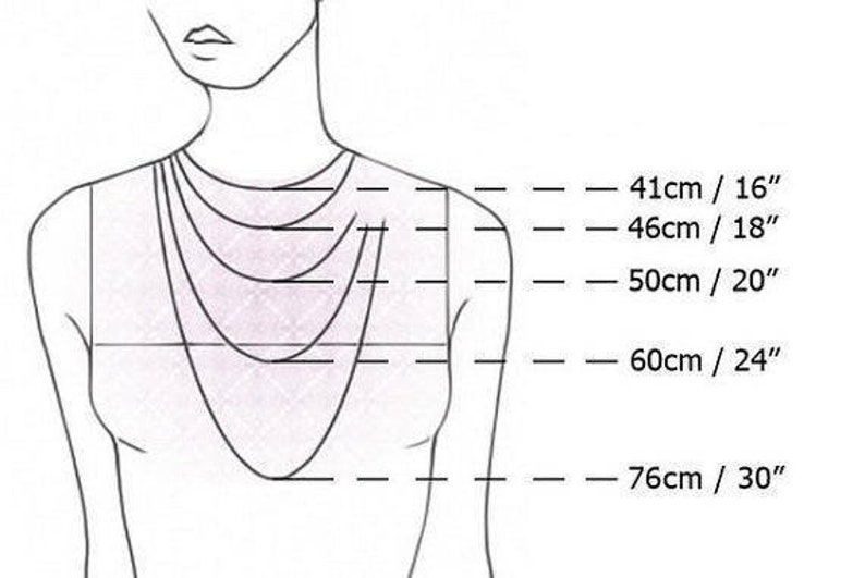 May include: Diagram showing different necklace lengths in inches and centimeters. The lengths are 16 inches (41 cm), 18 inches (46 cm), 20 inches (50 cm), 24 inches (60 cm), and 30 inches (76 cm).