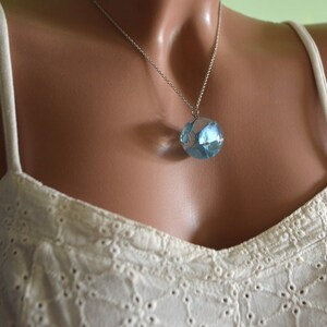 May include: A silver chain necklace with a round pendant containing blue pressed flowers encased in clear resin.