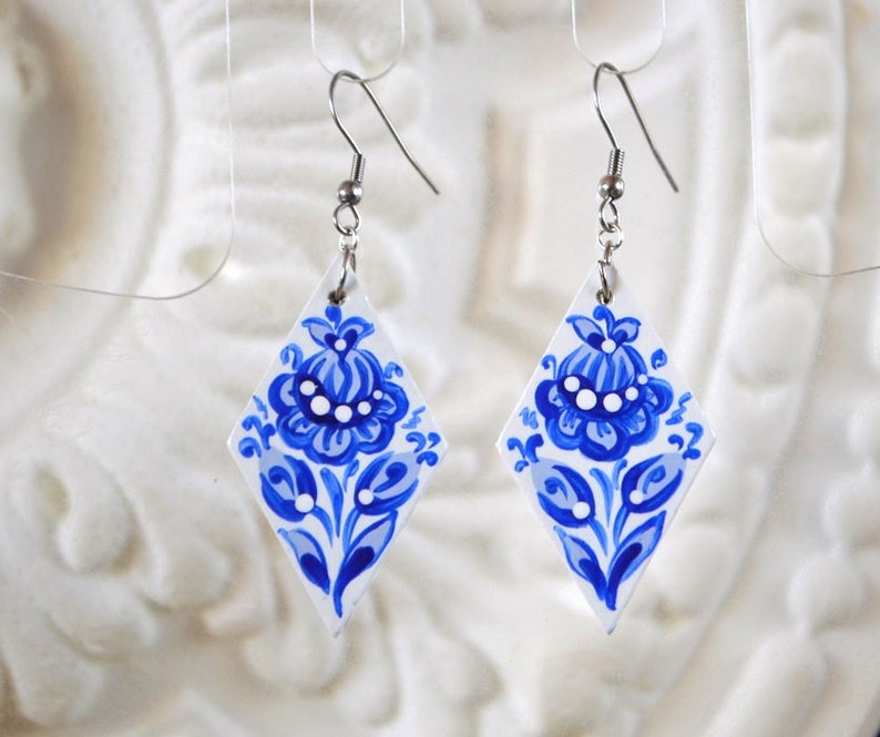 blue and white earrings Blue Jewelry paint birthday gift wife, Gift for women Wedding Bridal jewelry anniversary gift mom, pretty earrings image 5