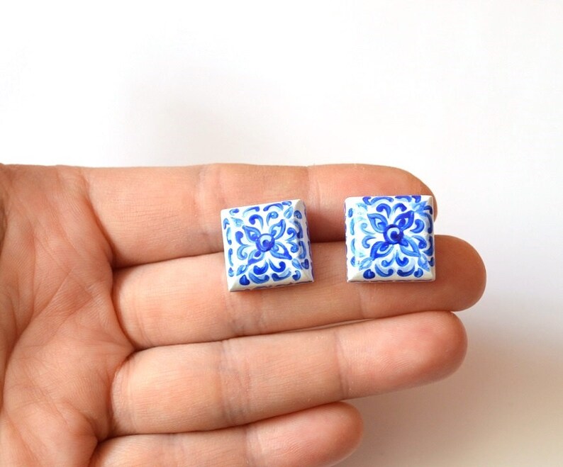 White blue tiny studs earrings post earrings bohemian jewelry wife gift for women present wedding earrings blue Studs wedding gift for mom image 6