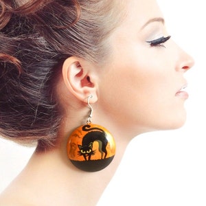 halloween earrings handpainted Orange wood jewelry halloween gift witch black cat earrings handmade wooden boho gift women, ethnic Folk art 4 cm cm