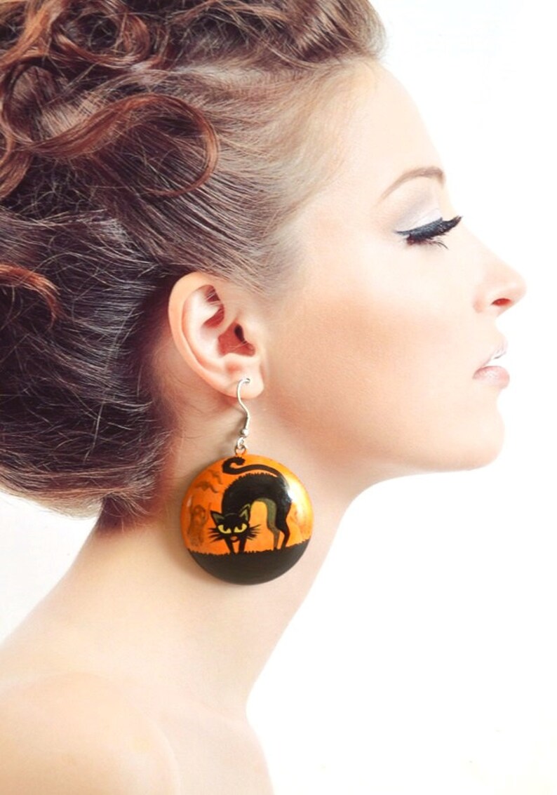 halloween earrings handpainted Orange wood jewelry halloween gift witch black cat earrings handmade wooden boho gift women, ethnic Folk art 4 cm cm