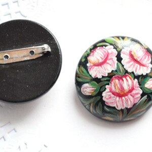 pink flower Peonies paint Brooch black pink green handmade Brooch womens gift for her, Flower Jewelry folk art wood pin painting Brooch boho image 2