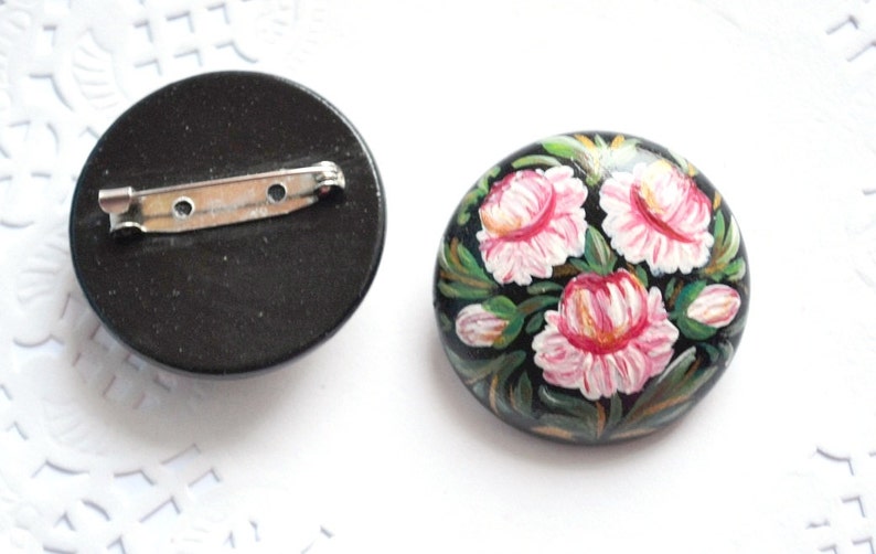 pink flower Peonies paint Brooch black pink green handmade Brooch womens gift for her, Flower Jewelry folk art wood pin painting Brooch boho image 2