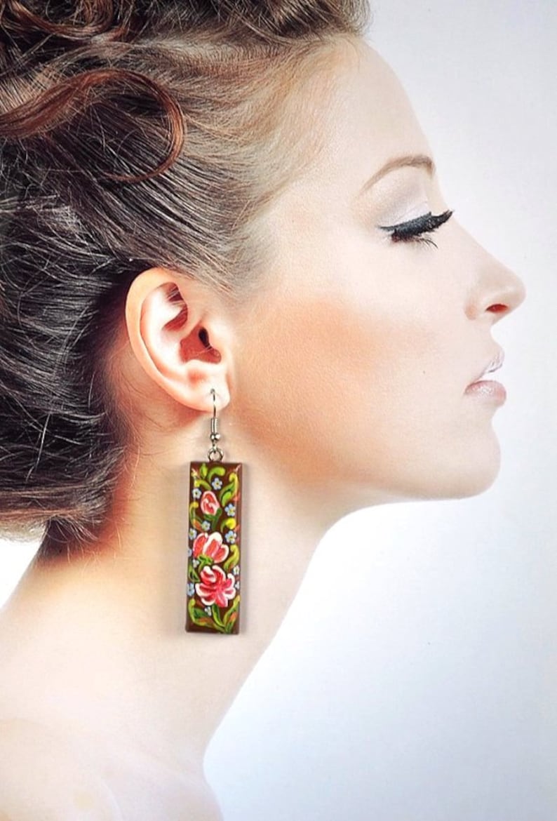 handmade earrings womens gift for her Long earrings brown paint earrings boho wood jewelry ethnic earrings folk jewelry mom gifts for women