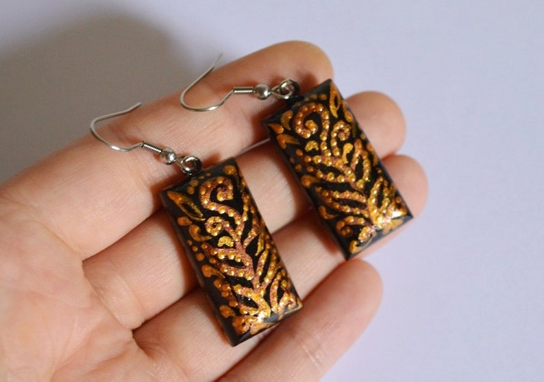 Gold and Black leopard Earrings gift for women, Long earrings wood jewelry rustic earrings handmade jewelry, brown earrings ethnic earrings small 3x1.5 cm