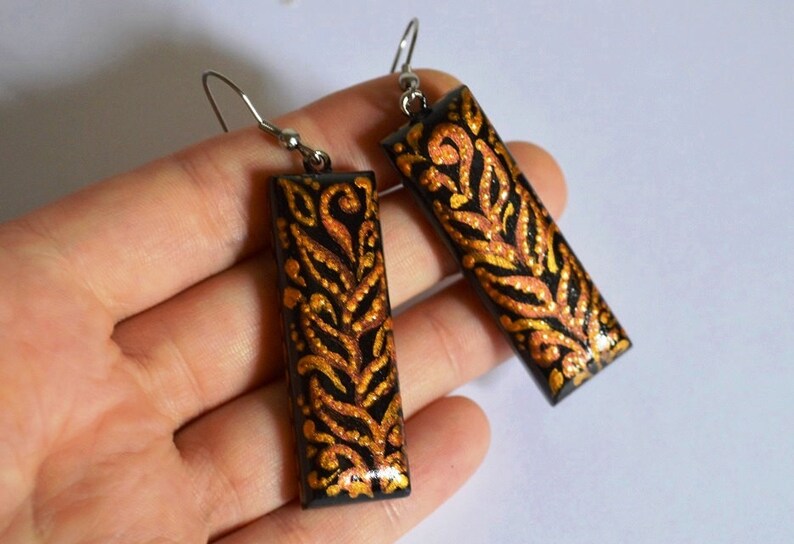 Gold and Black leopard Earrings gift for women, Long earrings wood jewelry rustic earrings handmade jewelry, brown earrings ethnic earrings long 4.5x1.5 cm