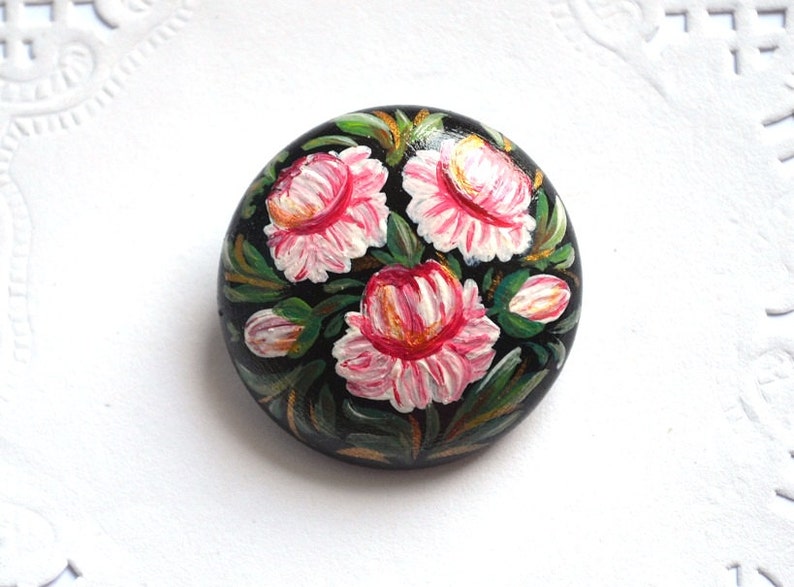 pink flower Peonies paint Brooch black pink green handmade Brooch womens gift for her, Flower Jewelry folk art wood pin painting Brooch boho image 3