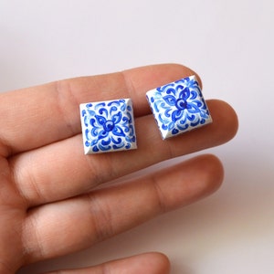 White blue tiny studs earrings post earrings bohemian jewelry wife gift for women present wedding earrings blue Studs wedding gift for mom image 2