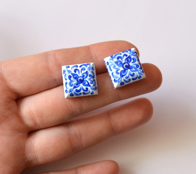 White blue tiny studs earrings post earrings bohemian jewelry wife gift for women present wedding earrings blue Studs wedding gift for mom image 2