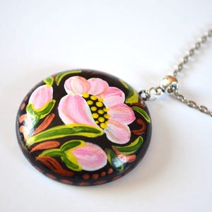 pink flowers necklace pendant handpainted jewelry for mom, Garden Boho hippie mothers day gift handmade jewelry for girls floral gift women image 3