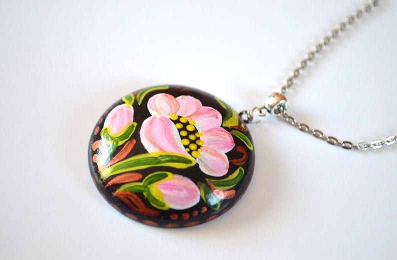 pink flowers necklace pendant handpainted jewelry for mom, Garden Boho hippie mothers day gift handmade jewelry for girls floral gift women image 3