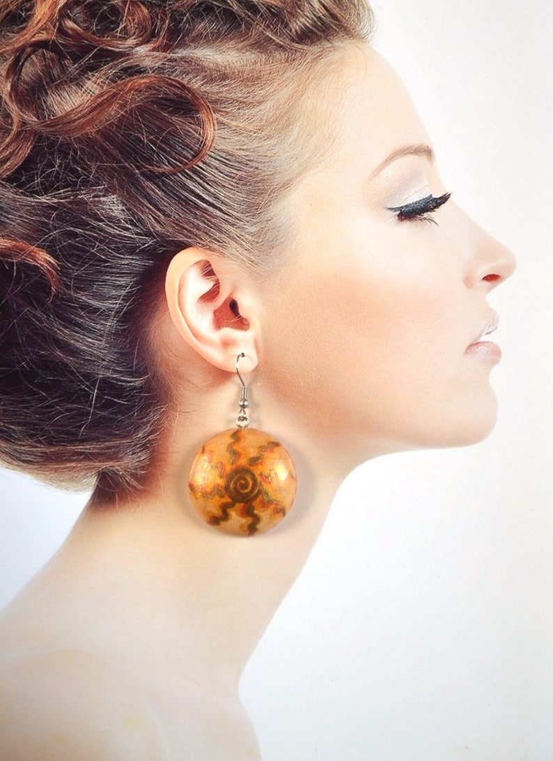 rustic wedding ethnic earrings hippie sun jewelry gift for her rustic wood gifts for mom gift women gift for wife golden brown earrings eco