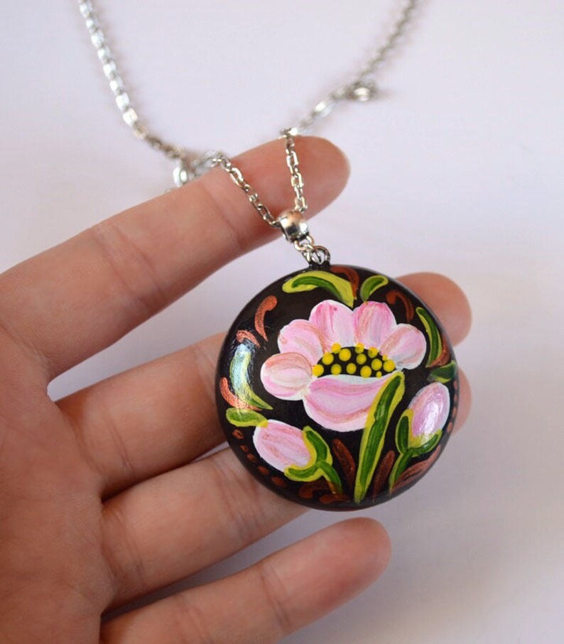 pink flowers necklace pendant handpainted jewelry for mom, Garden Boho hippie mothers day gift handmade jewelry for girls floral gift women image 2