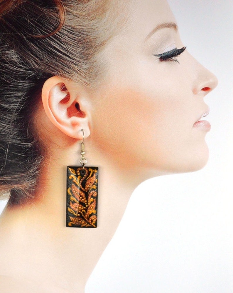 Boho earrings gift for girlfriend Gift idea elegant Jewelry wood earrings Gold Black earrings handmade jewelry brown earrings paint earrings