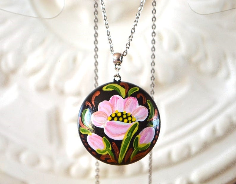 pink flowers necklace pendant handpainted jewelry for mom, Garden Boho hippie mothers day gift handmade jewelry for girls floral gift women image 1