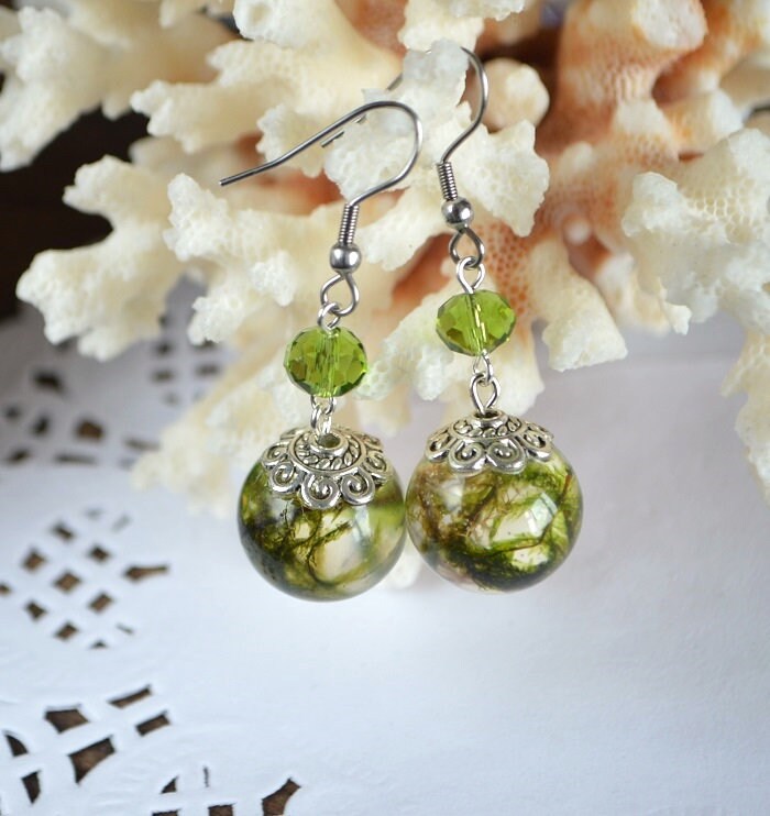 Green Moss Earrings Resin Jewelry Nature Gifts for