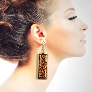 Gold and Black leopard Earrings gift for women, Long earrings wood jewelry rustic earrings handmade jewelry, brown earrings ethnic earrings image 4