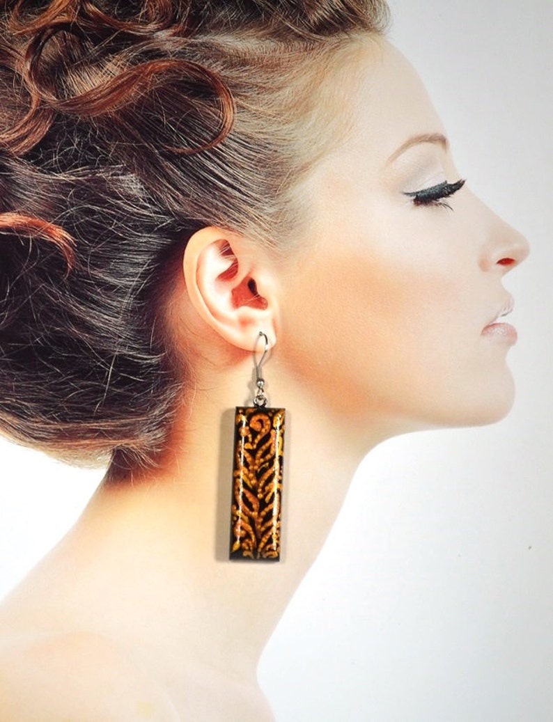 Gold and Black leopard Earrings gift for women, Long earrings wood jewelry rustic earrings handmade jewelry, brown earrings ethnic earrings image 4