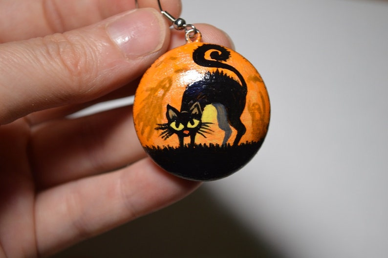 halloween earrings handpainted Orange wood jewelry halloween gift witch black cat earrings handmade wooden boho gift women, ethnic Folk art image 3