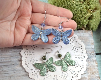 Green or Blue butterfly Earrings metal hand painted fall jewelry Nature lover gift for women, moth earrings green jasper gemstone beads Boho