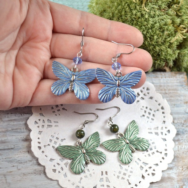 Green or Blue butterfly Earrings metal hand painted fall jewelry Nature lover gift for women, moth earrings green jasper gemstone beads Boho