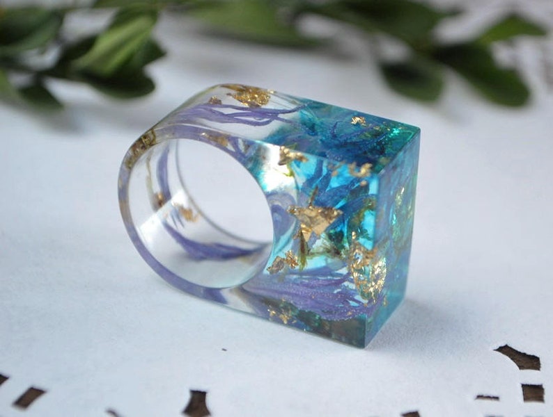 real flower ring terrarium Resin jewelry blue ring Sister gift for her, nature lover Gift idea statement ring botanical eco blue jewelry mom image 1