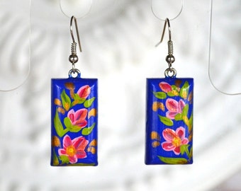 Blue pink flower earrings gift for sister, handmade earrings wooden jewelry Dangling Earrings, ecofriendly handmade jewelry mom Gift ideas