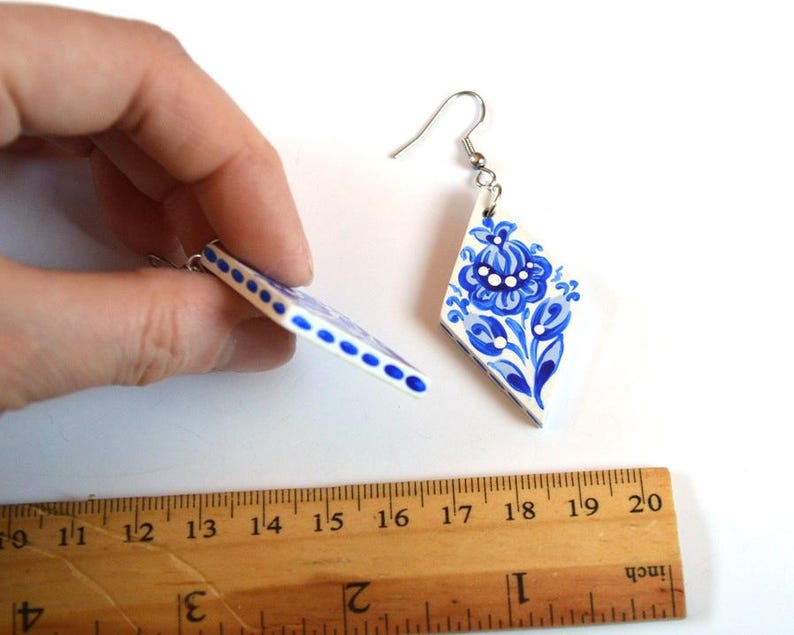 blue and white earrings Blue Jewelry paint birthday gift wife, Gift for women Wedding Bridal jewelry anniversary gift mom, pretty earrings image 4