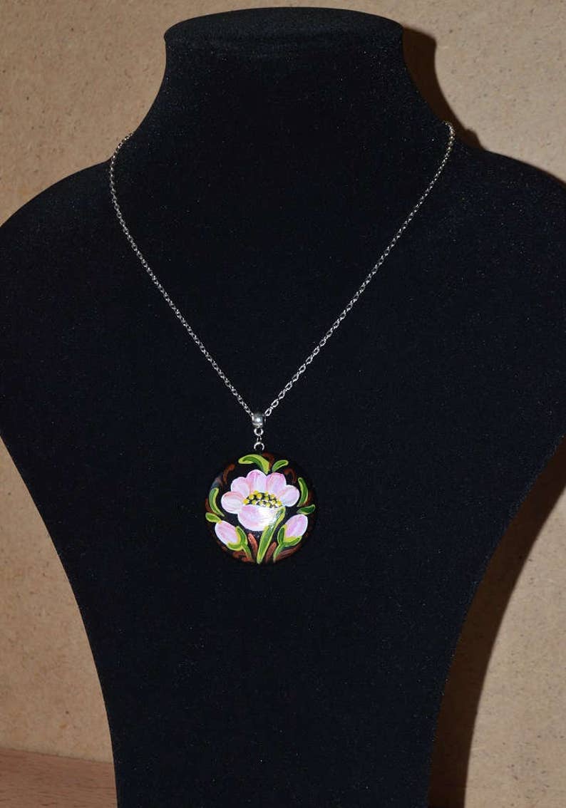 pink flowers necklace pendant handpainted jewelry for mom, Garden Boho hippie mothers day gift handmade jewelry for girls floral gift women image 4