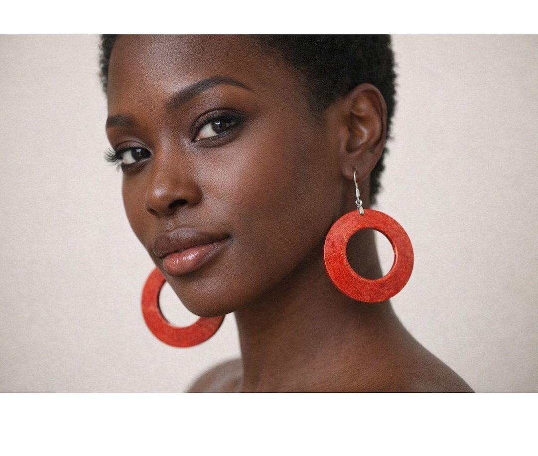 Large Hoop Earrings Red and Gold African Ethnic Jewelry Handmade Wood ...