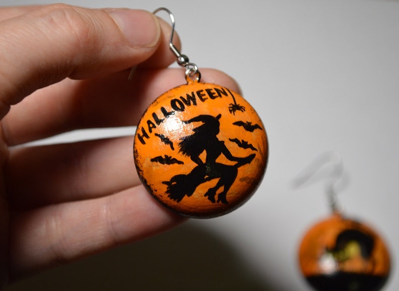 halloween earrings handpainted Orange wood jewelry halloween gift witch black cat earrings handmade wooden boho gift women, ethnic Folk art image 2