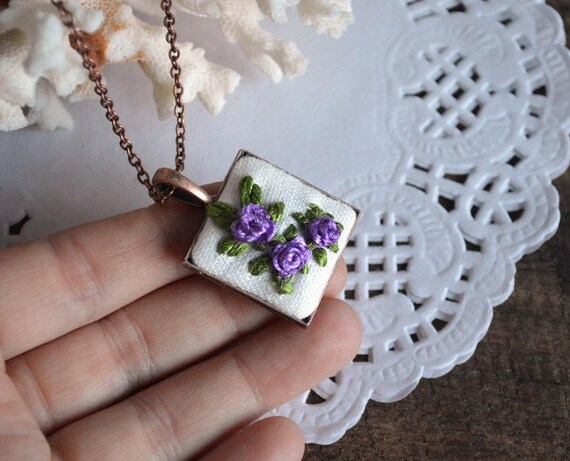 Embroidered Purple Roses Pendant Necklace Tape Embroidery Jewelry