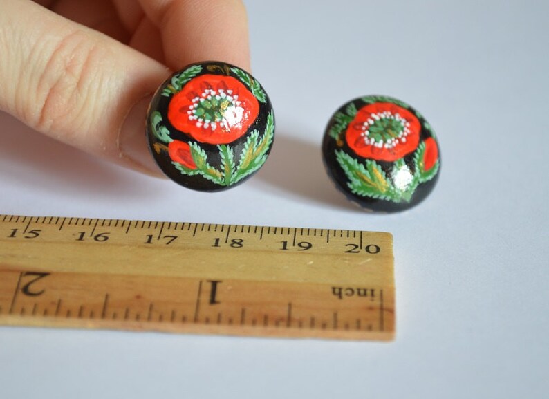 Red poppy wooden studs painting earrings post Red and black folk art Wooden jewelry floral, Valentines gifts for her, womens Gift ideas Boho image 3