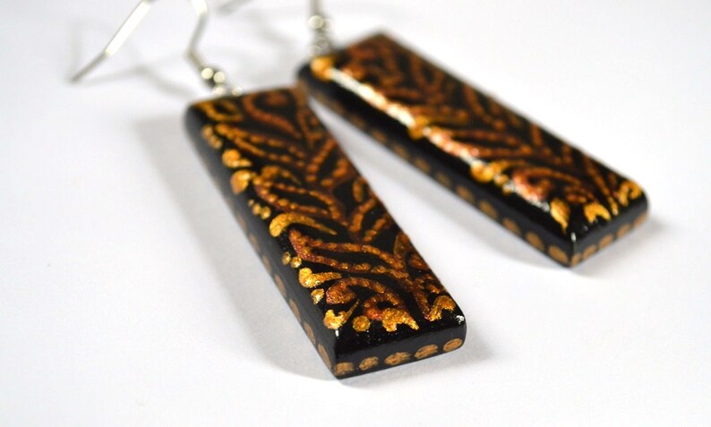 Gold and Black leopard Earrings gift for women, Long earrings wood jewelry rustic earrings handmade jewelry, brown earrings ethnic earrings image 2