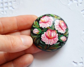 pink flower Peonies paint Brooch black pink green handmade Brooch womens gift|for|her Flower Jewelry folk art wood pin painting Brooch wood