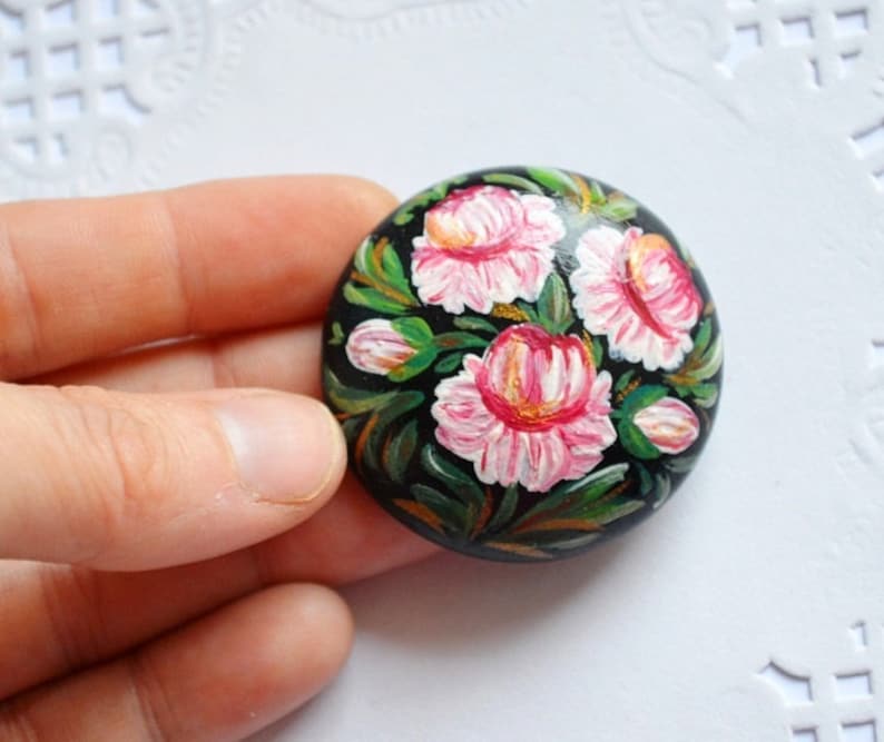 pink flower Peonies paint Brooch black pink green handmade Brooch womens gift for her, Flower Jewelry folk art wood pin painting Brooch boho image 1