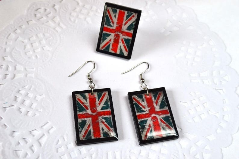 British flag jewelry sets union jack flag earrings vintage jewelry british party uk flag united kingdom patriotic jewelry red white and blue image 2