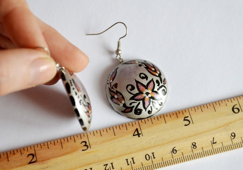 Gray Silver earrings wood hand painted, Handmade wooden earrings Boho jewelry Round Paint Dangling Earrings ethnic Gift idea for her gifts image 3