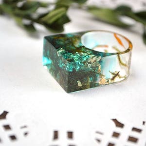 resin ring for women birthday gift for her, clear statement ring green forest moss resin jewelry pressed flower nature lover gift for girl image 5