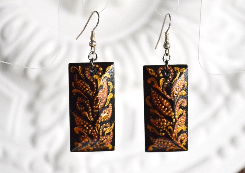Boho earrings gift for girlfriend Gift idea elegant Jewelry wood earrings Gold Black earrings handmade jewelry brown earrings paint earrings