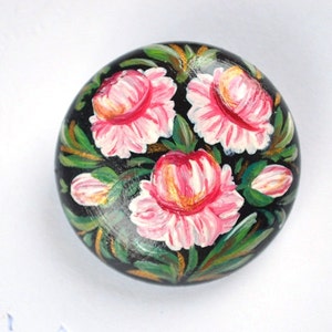 pink flower Peonies paint Brooch black pink green handmade Brooch womens gift for her, Flower Jewelry folk art wood pin painting Brooch boho image 4