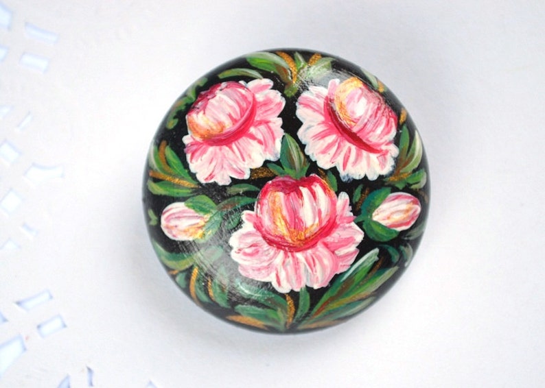 pink flower Peonies paint Brooch black pink green handmade Brooch womens gift for her, Flower Jewelry folk art wood pin painting Brooch boho image 4