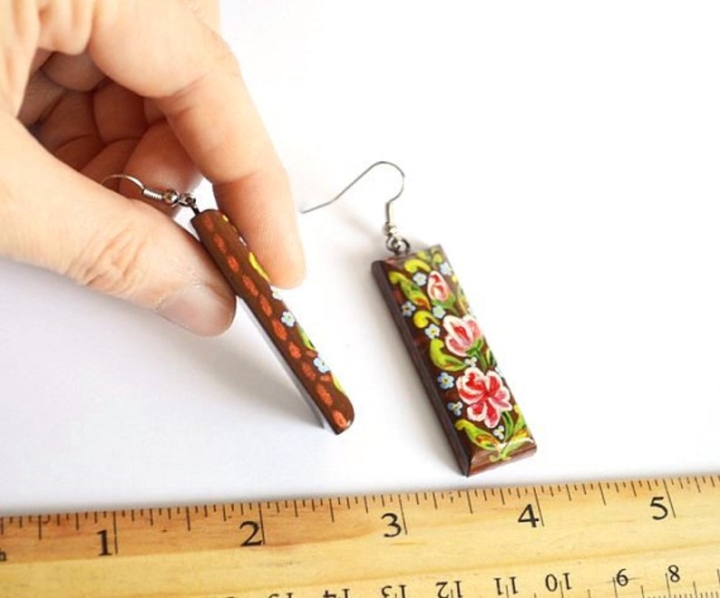 handmade earrings womens gift for her Long earrings brown paint earrings boho wood jewelry ethnic earrings folk jewelry mom gifts for women