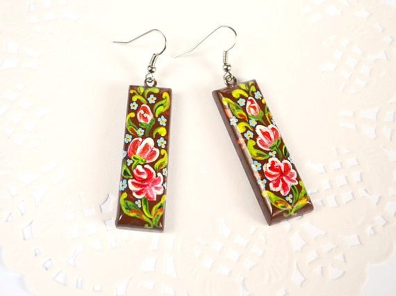 handmade earrings womens gift for her Long earrings brown paint earrings boho wood jewelry ethnic earrings folk jewelry mom gifts for women