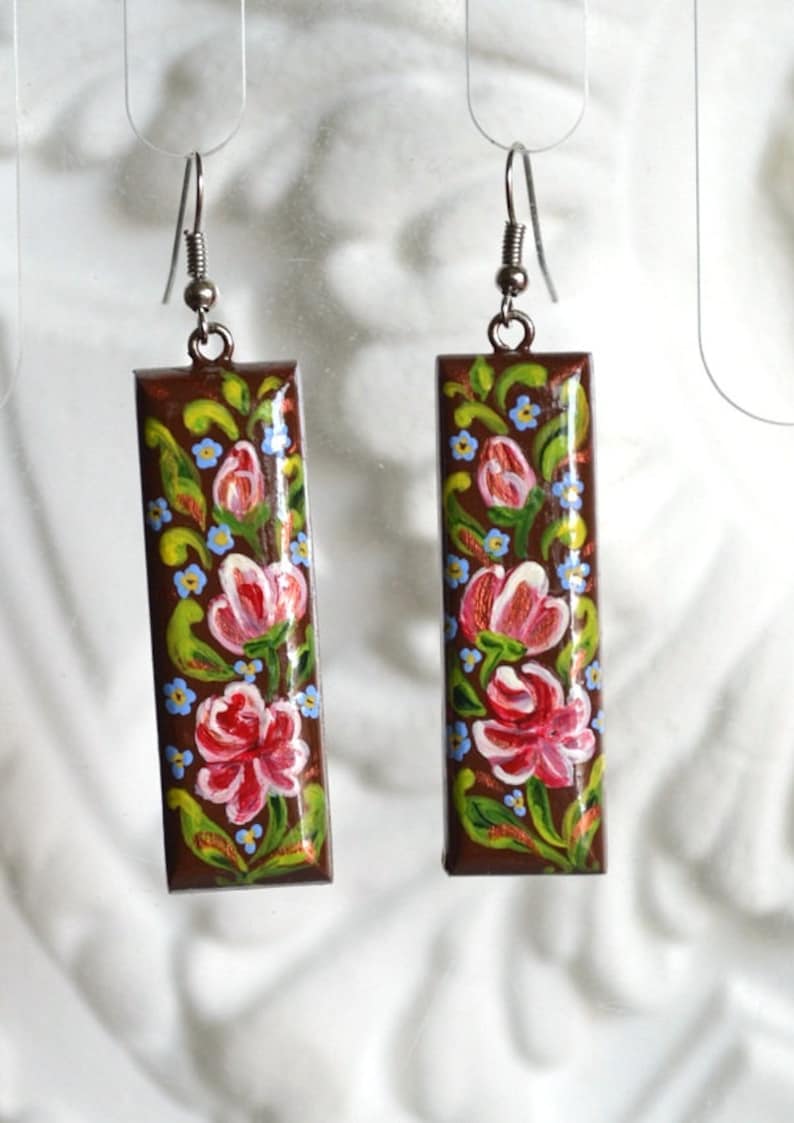 handmade earrings womens gift for her Long earrings brown paint earrings boho wood jewelry ethnic earrings folk jewelry mom gifts for women
