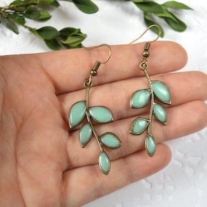 green leaves earrings glow jewelry, mint leaf glow in the dark Glowing gift for her, glowing in the dark jewelry plant mothers day gifts mom image 2