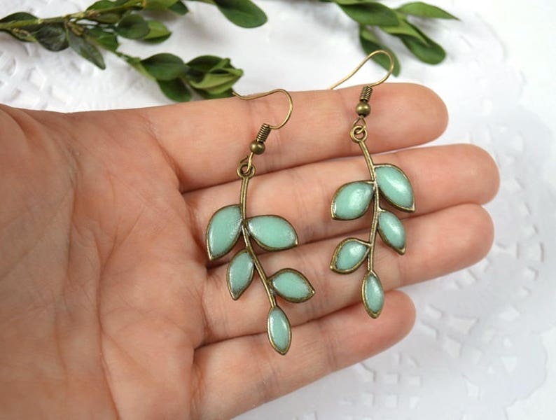 green leaves earrings glow jewelry, mint leaf glow in the dark Glowing gift for her, glowing in the dark jewelry plant mothers day gifts mom image 2